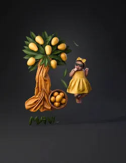 mango tree with mangoes leaves and a basket of mangoes accompanied b
