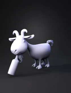 orange goat like creature with curled horns beard and a tilted head
