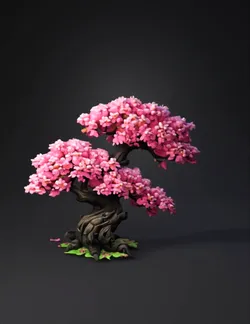 pink cherry blossom tree with a twisting dark trunk and lush blossoms
