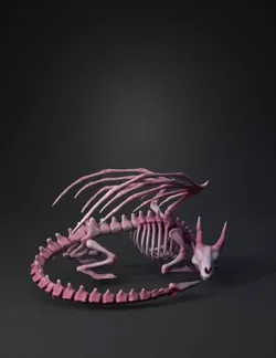 pink skeletal dragon with glowing blue eyes and segmented spine bone