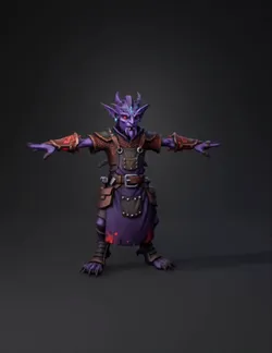purple goblin warrior in armor and apron with glowing blue gems rugge