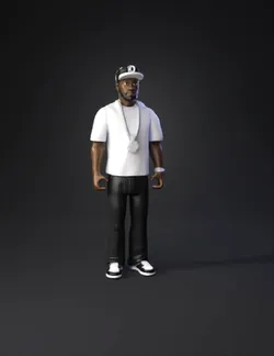 stylized humanoid figure wearing white t shirt black pants silver ch