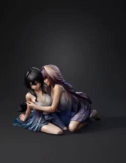 two anime girls lying close together in flowing dresses one with long