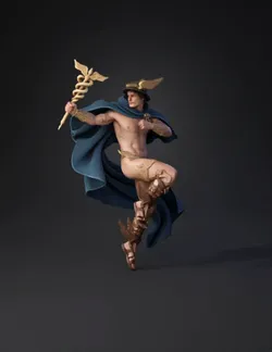 winged warrior with gold ornate armor blue cape holding a staff in d