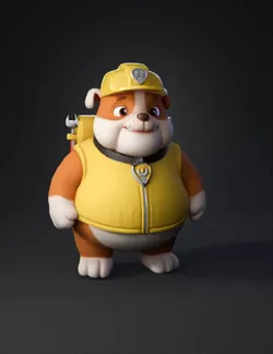 yellow bulldog like character wearing a yellow vest and helmet with to