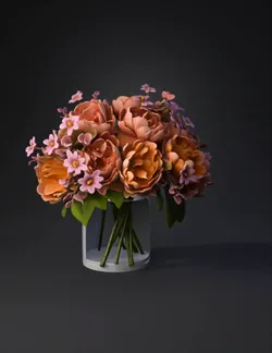 bouquet of peach pink and purple flowers in a glass vase