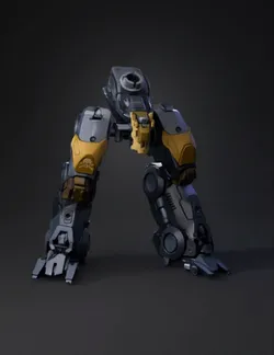 gray and yellow mech leg with hydraulic joints and armor plating