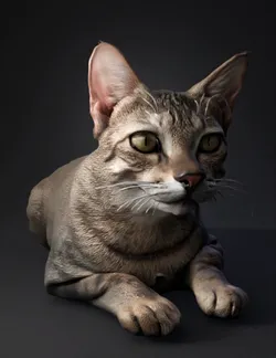 gray tabby cat with green eyes lying on the ground between plant pots