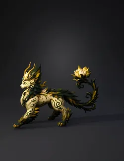 mythical leafy beast with green gold fur ornate vine patterns antler