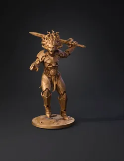 ornate armored warrior statue with long sword beige plate armor with