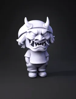 red demon mask like face with horns and sharp teeth cartoon creature