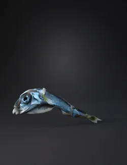 small fish head and partial body fragment with silver grey scales on p