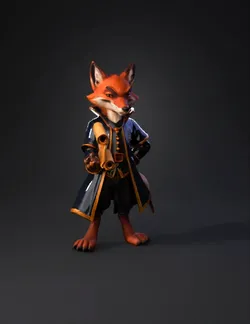 anthropomorphic fox mage wearing a navy and gold ornate robe holding