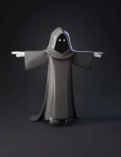 Blocky dark cultist character wearing a long dark gray hooded robe co