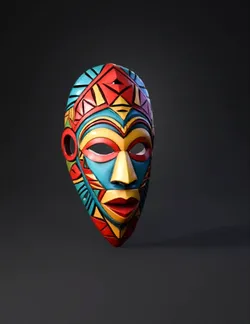 colorful carved mask with geometric patterns and painted surfaces