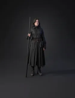 dark robed sorcerer figure holding weathered wooden staff tattered cl