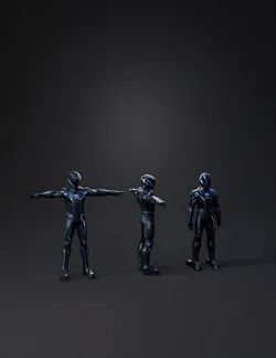 futuristic armored humanoid suit with blue neon accents black plating