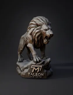 geometric stone lion statue with blocky facets gray color on rocky b