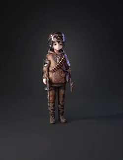 rugged patchwork cloth child character with metal mask ammo bandolier