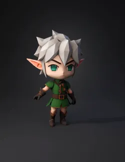 small stylized elf character with spiky gray hair green tunic brown