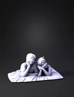 two children lying on a bed with faces blurred