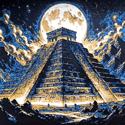 Aztec Indian pyramid temple in the moonlight