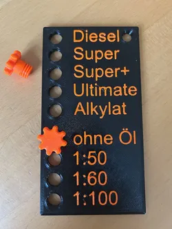 Twostroke petrol canister label with screwable pins