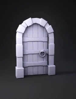 arched stone framed wooden door with metal bands and ring handle