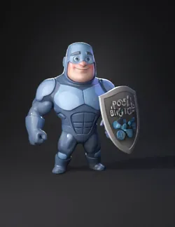 blue humanoid action figure with shield bearing POST BIOTICS text