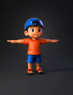 child character wearing orange shirt blue shorts and blue cap with sa