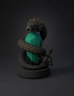 dragon statue wrapped around emerald crystal on black pedestal