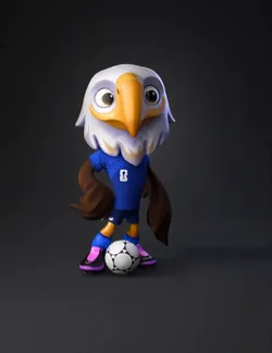eagle mascot wearing blue soccer jersey brown wings pink shoes with