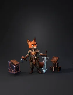 fox warrior in ornate armor with glowing blue sword and staff in a cry