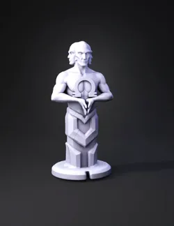 golden deity statue with glowing circle on chest and purple geometric