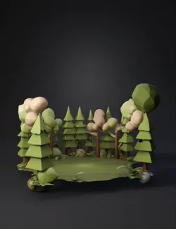 low poly forest clearing with a circular grassy patch surrounded by st