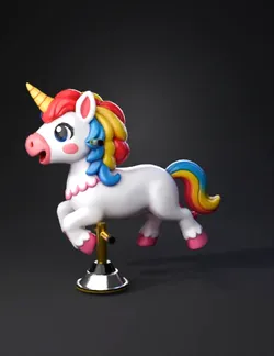 white unicorn statue with rainbow mane and pink hooves on a pedestal