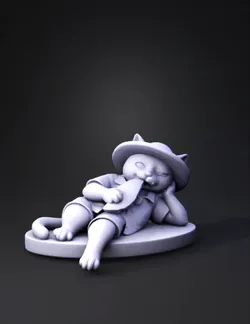 wooden fox statue reclining on circular base with hat and carved wood