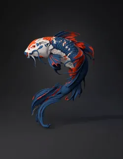 colorful koi fish with orange and dark blue scales and flowing fins