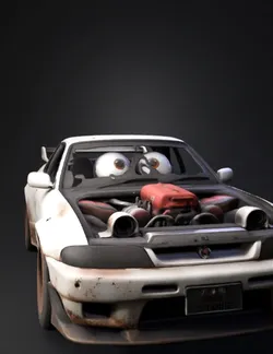 Create a highly detailed Pixar style anthropomorphic race car named He