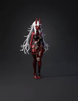 demon girl character with red skin white hair horns wearing black a