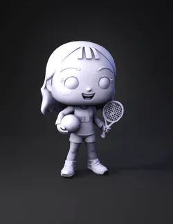 female sports character holding a soccer ball and tennis racket weari