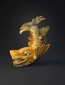 golden dragon head sculpture with ornate scales and fins