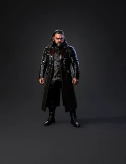 gothic long black leather coat with red lining and metal chains knee