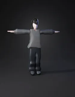 humanoid character model in a T pose wearing a gray sweater and dark j