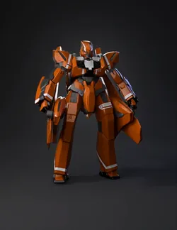 orange mech suit with angular armor plates white accents gray joints