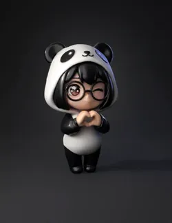 panda figurine prop with black and white body and beige hands