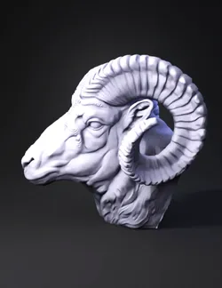 ram head sculpture with large curled horns gray brown clay texture