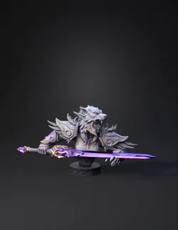 wolf knight statue with ornate armor and purple energy sword on pedest