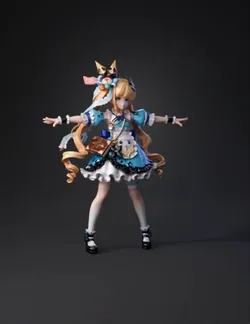 anime girl character model with blue and white frilly dress long blon