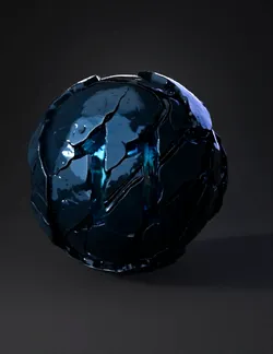 cracked energy orb with blue neon veins and jagged rock like surface